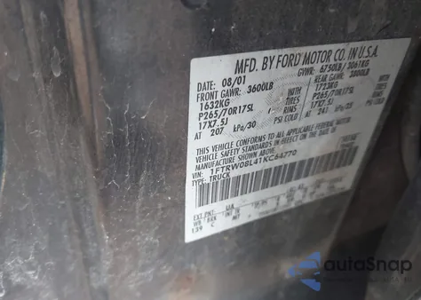 2001 Ford F-150 King Ranch Edition/Lariat/Xlt из США, поврежденный, VIN 1FTRW08L41KC64770